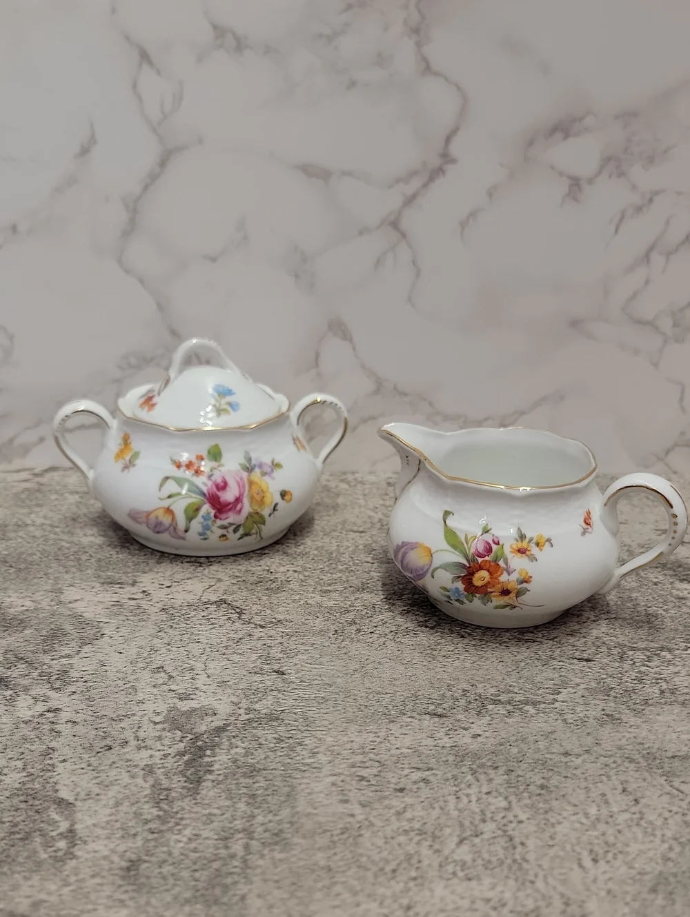 Vintage Czechoslovakia Floral Creamer and Sugar Set with Gold Trim